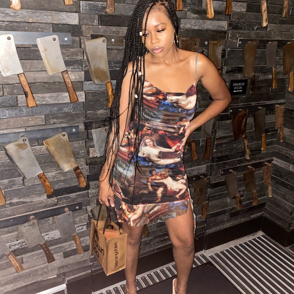 RUFFLE RENAISSANCE PRINT RUCHED SLIP MINI DRESS - Picture 2 of 3